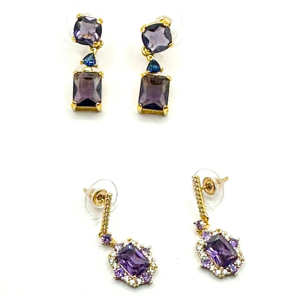 Lot of 2 Pierced Earrings Purple Zirconia 925 Gold Vermeil CZ Dangling Bridal